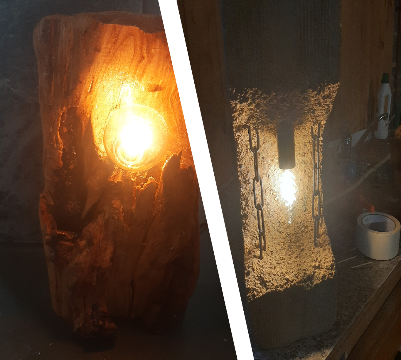 Lampe tronc en bois à gauche et lampe en béton texturée à droite, éclairage chaleureux.
