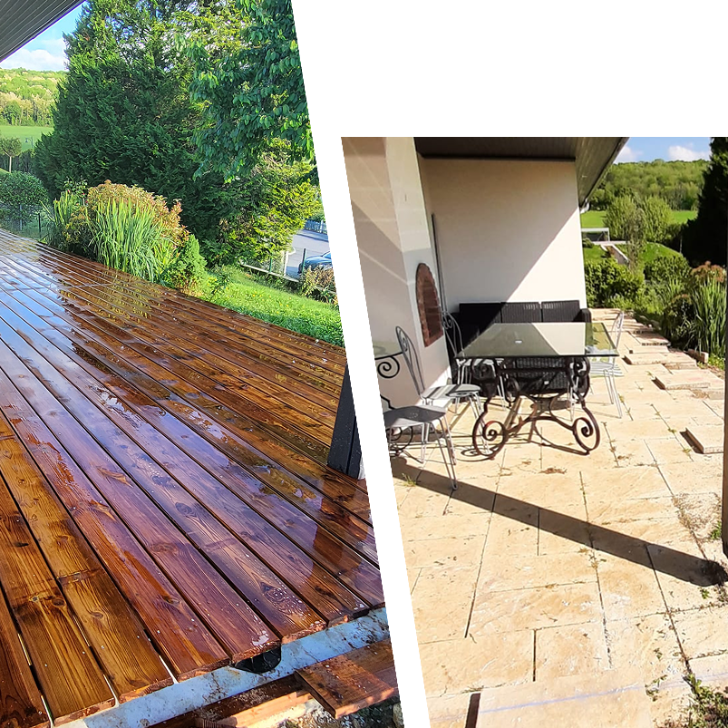 Terrasse neuve en bois à gauche, ancienne terrasse en pierre à droite, jardin verdoyant en arrière-plan.